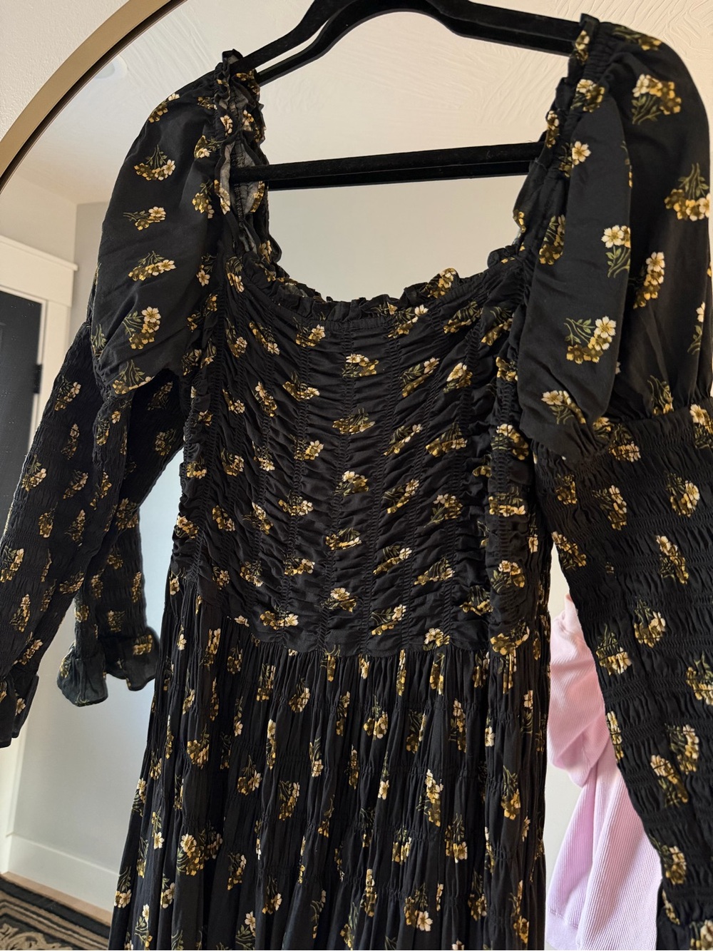 Doen Black Floral Smocked Midi Dress with Gold Accents
